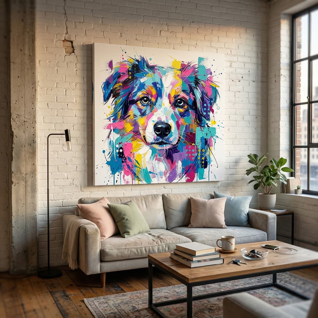 Artist-refined custom pet portrait on display