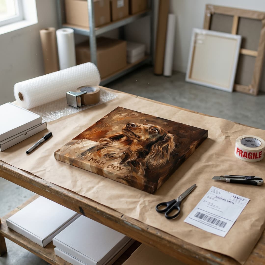 Gallery-ready canvas pet portrait in a home