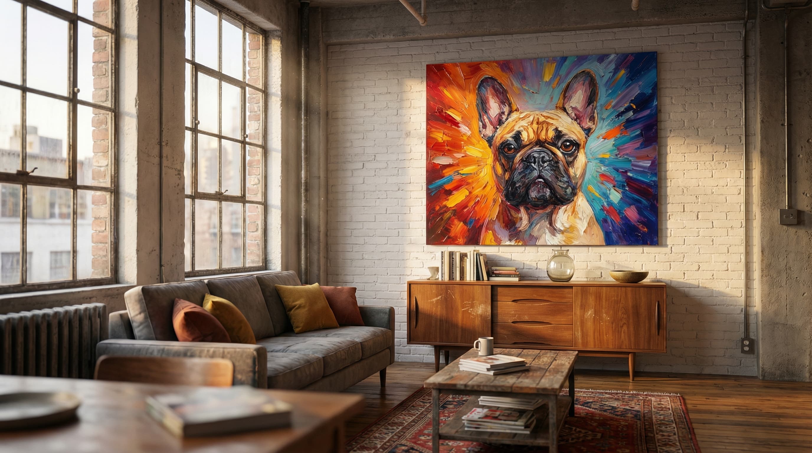 Colorful dog portrait displayed in a warm living room