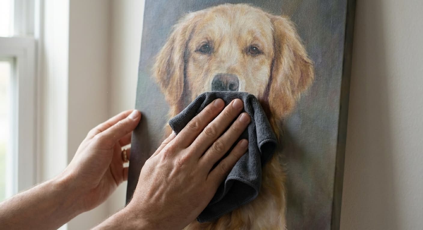 Dusting a canvas with a microfiber cloth