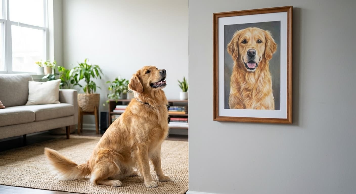 Dog relaxing near artwork on the wall