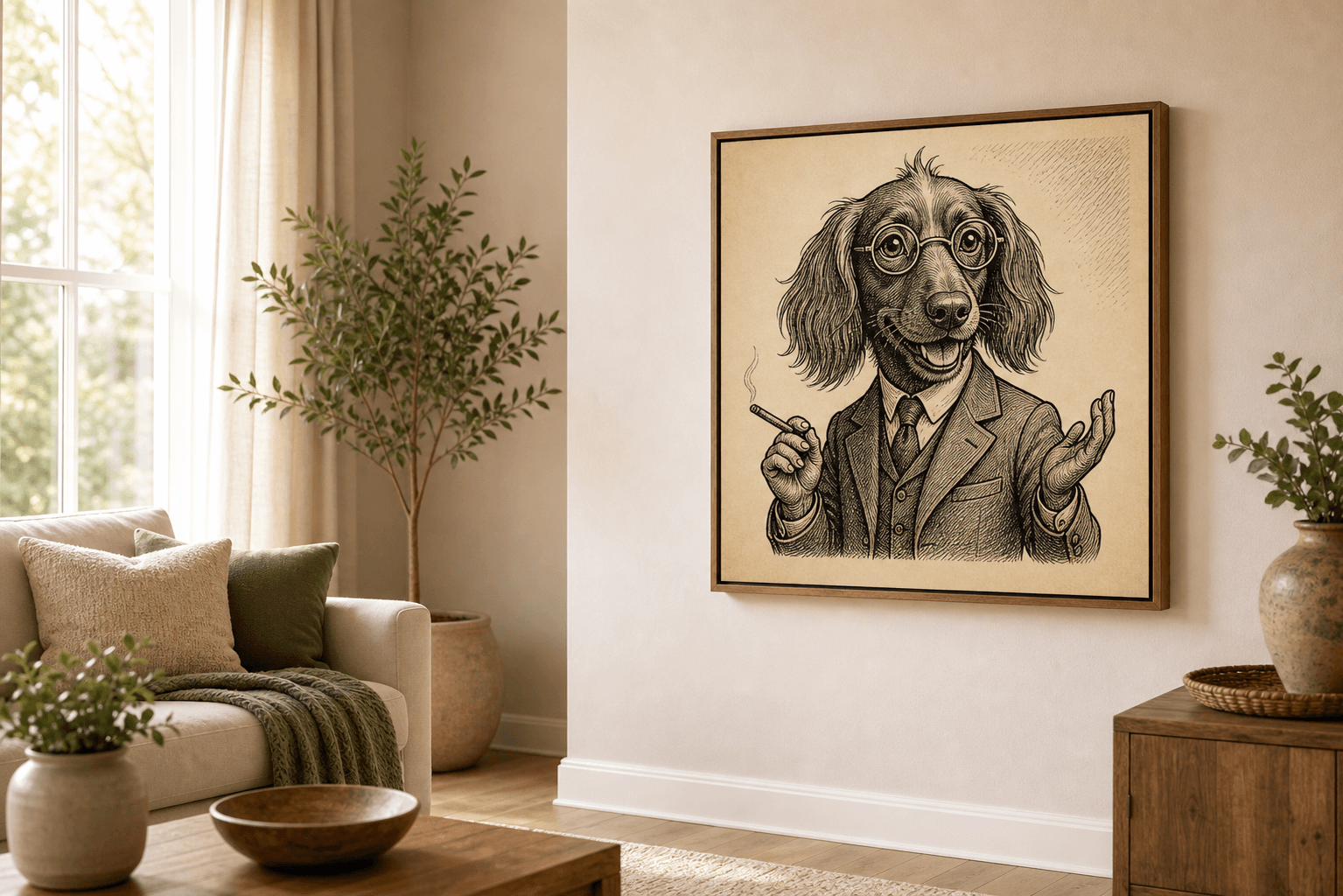 Custom Vintage Ink Caricature Portraits displayed as framed wall art in a home