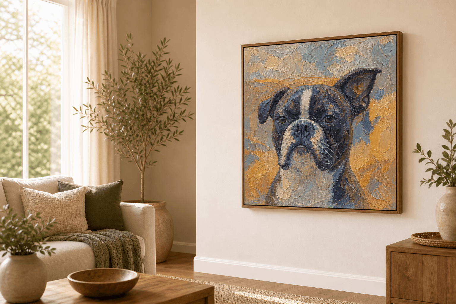 Chromaflare Expressionism Pet Portraits displayed as framed wall art in a home