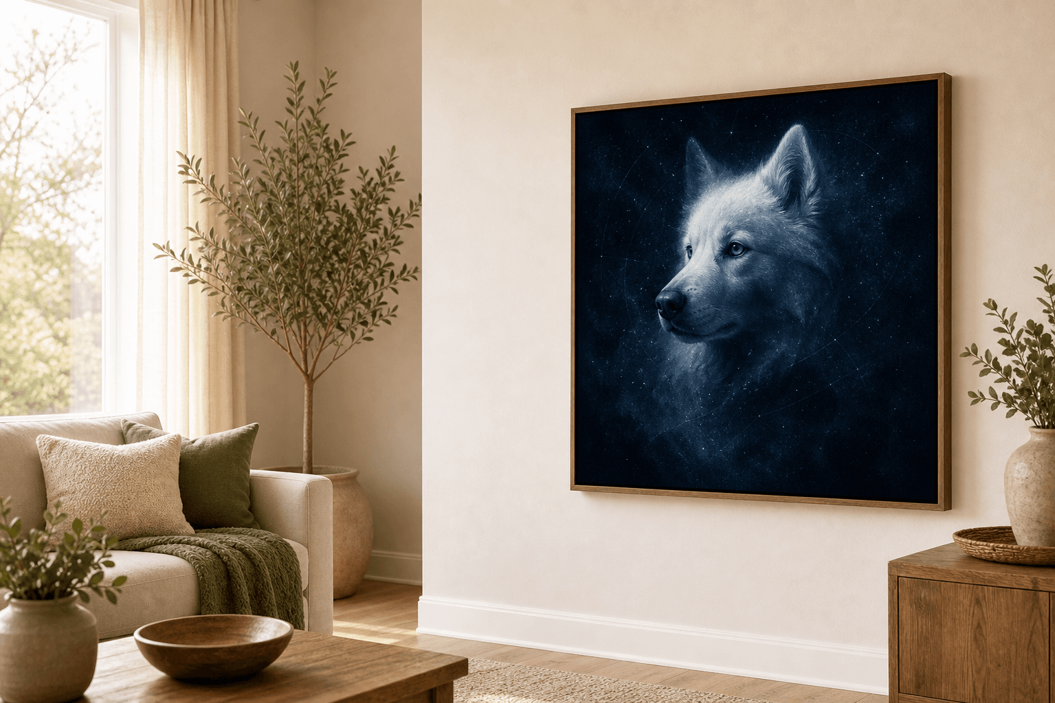 Ethereal Cosmic Pet Portraits displayed as framed wall art in a home