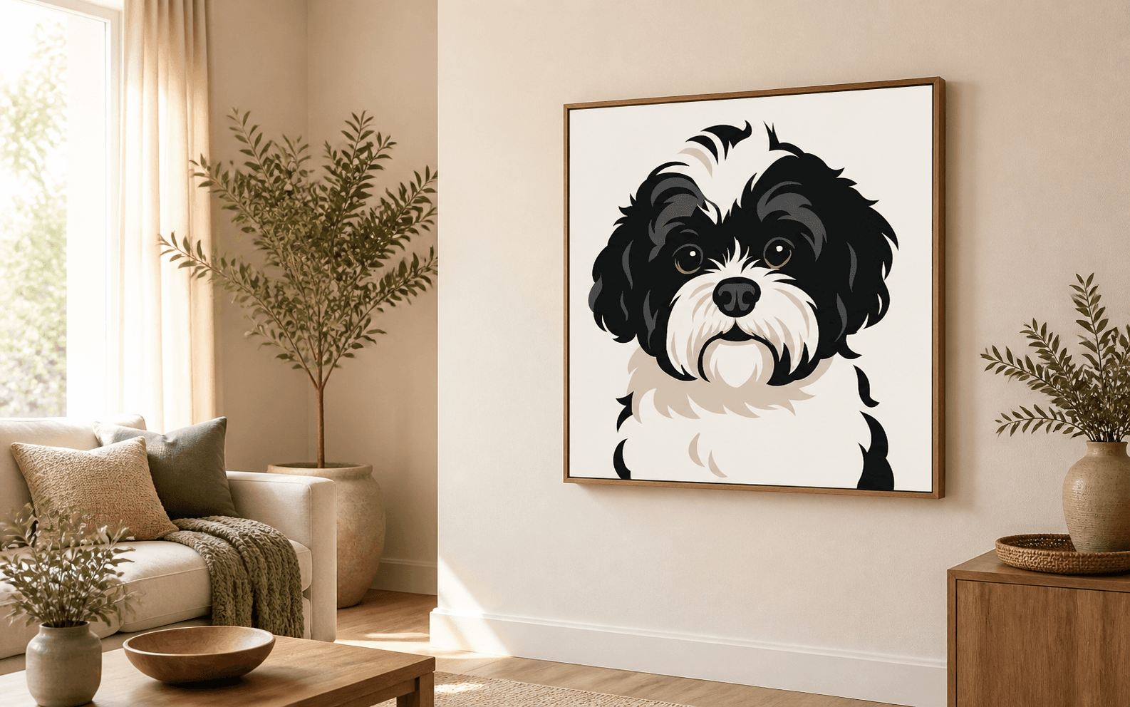 Minimalist Pet Portraits from Photos displayed as framed wall art in a home