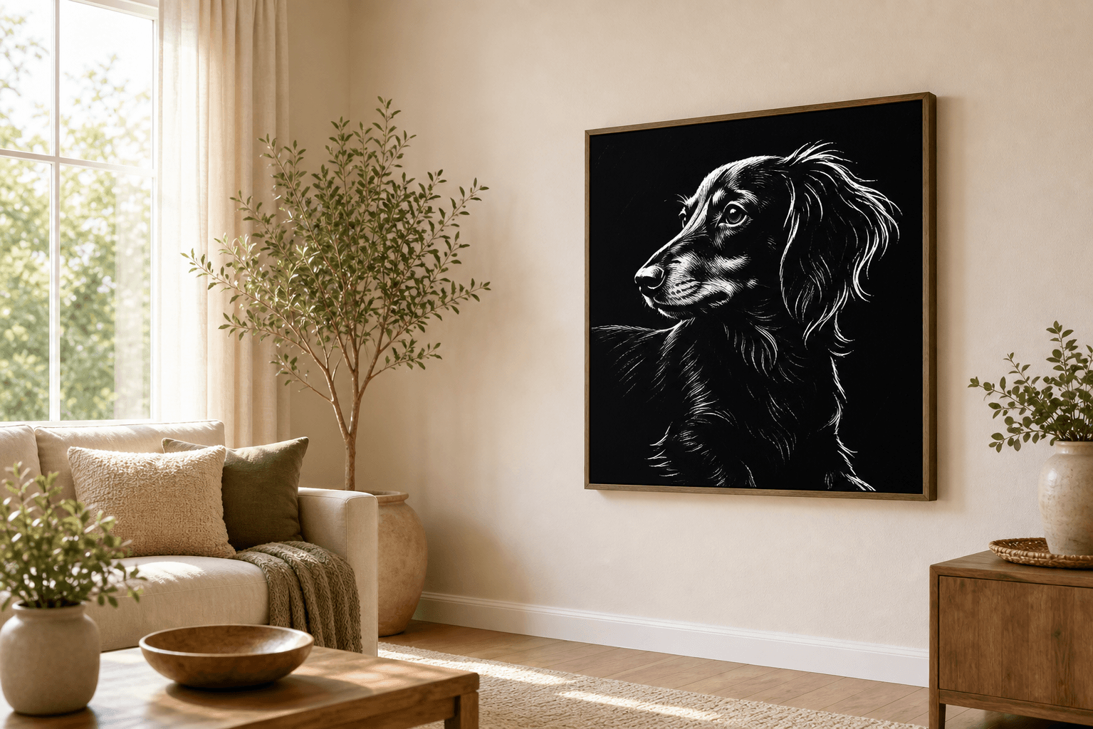 Custom Pet Portraits with Dark Backgrounds displayed as framed wall art in a home