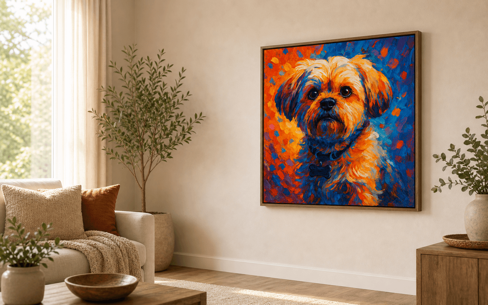 Impasto Pet Portraits displayed as framed wall art in a home