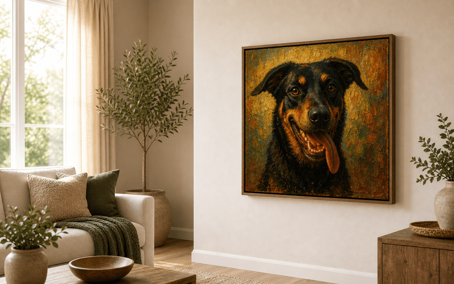 Heartstring Realism Pet Portraits displayed as framed wall art in a home