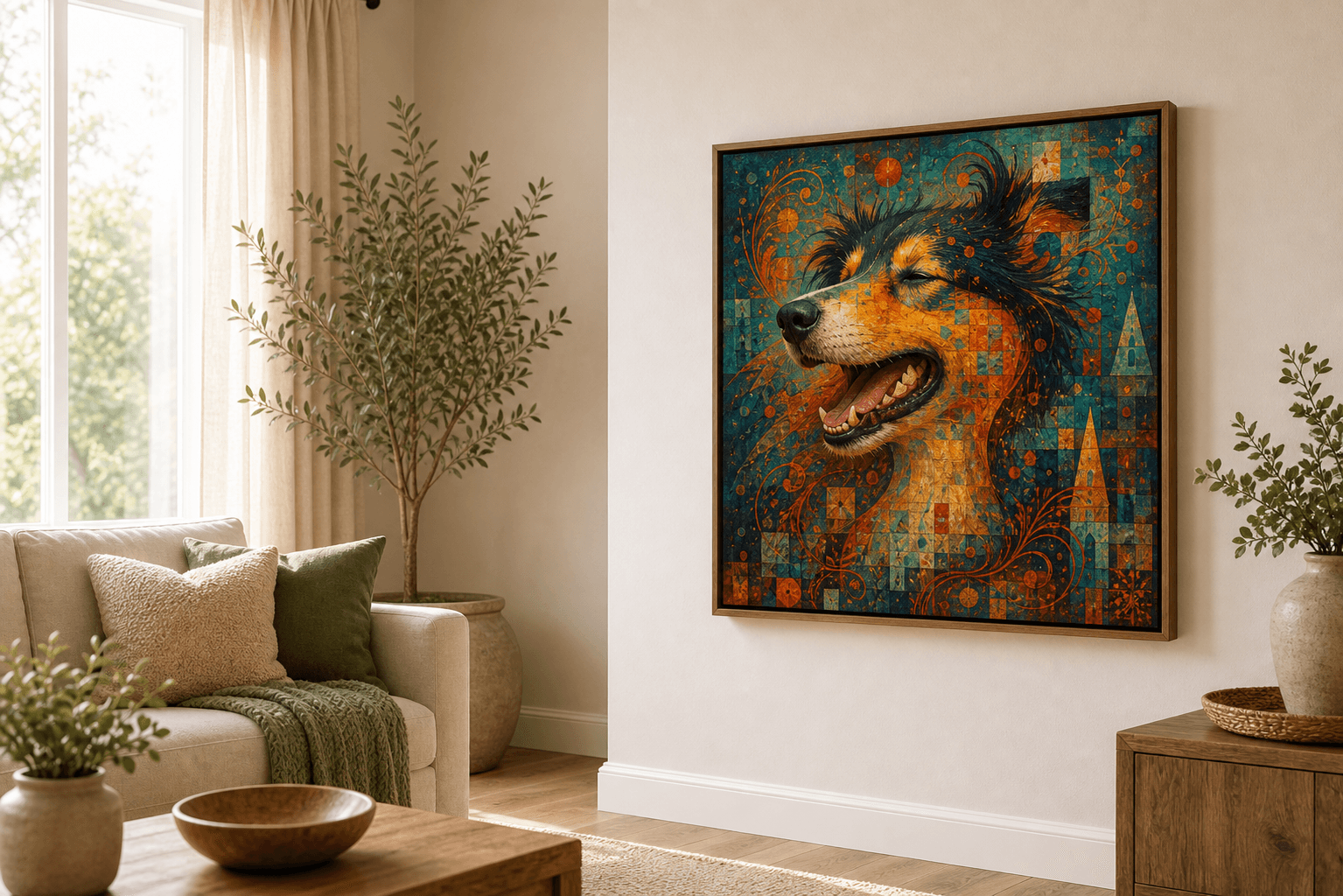 Imaginative Collage Pet Portraits displayed as framed wall art in a home