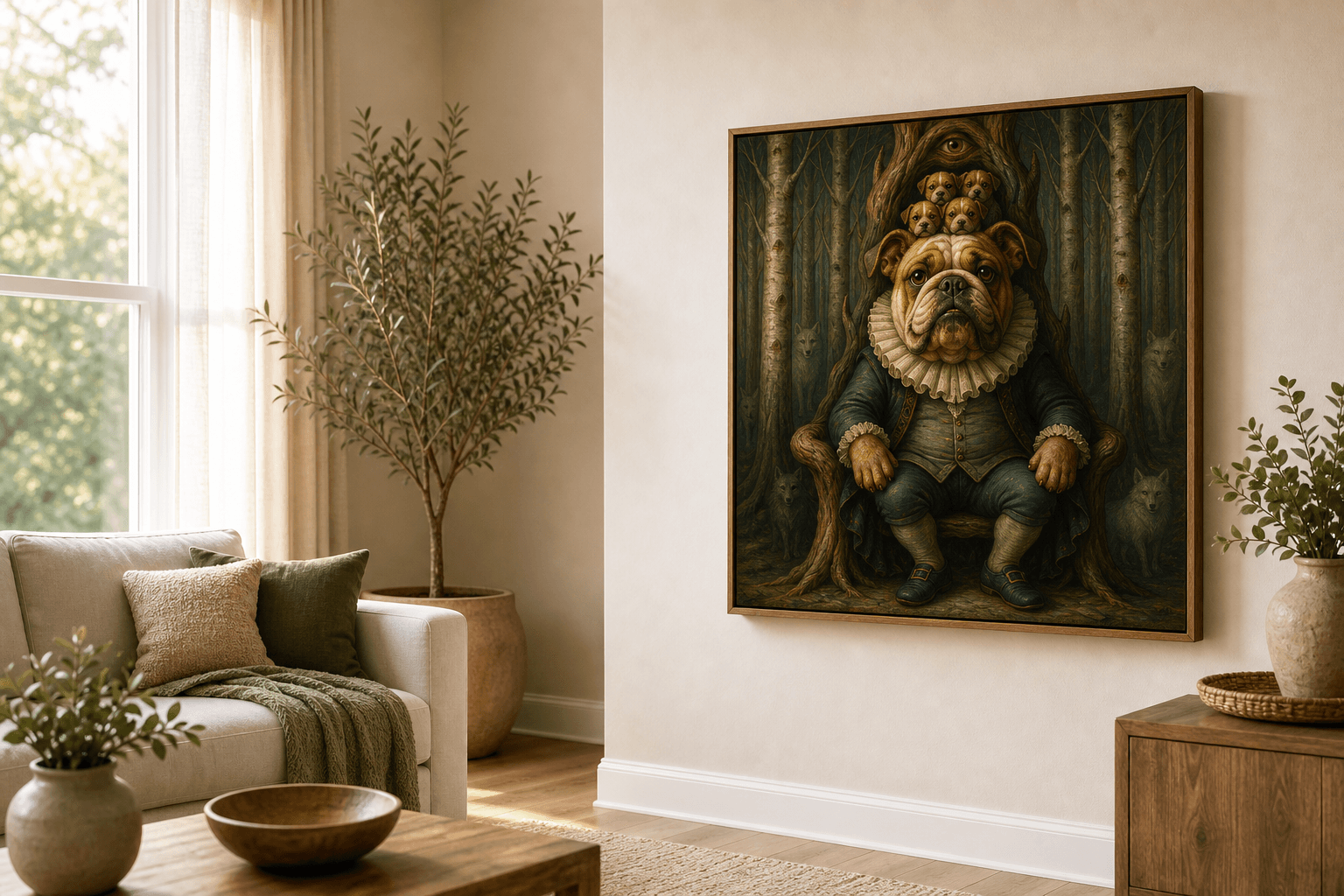 Surreal classical pet portrait displayed as framed wall art in a home