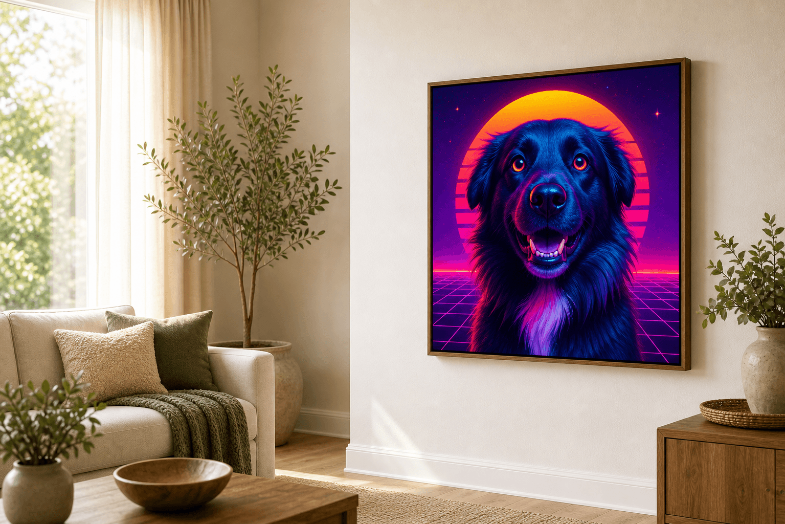 Retro Synthwave Pet Portraits displayed as framed wall art in a home