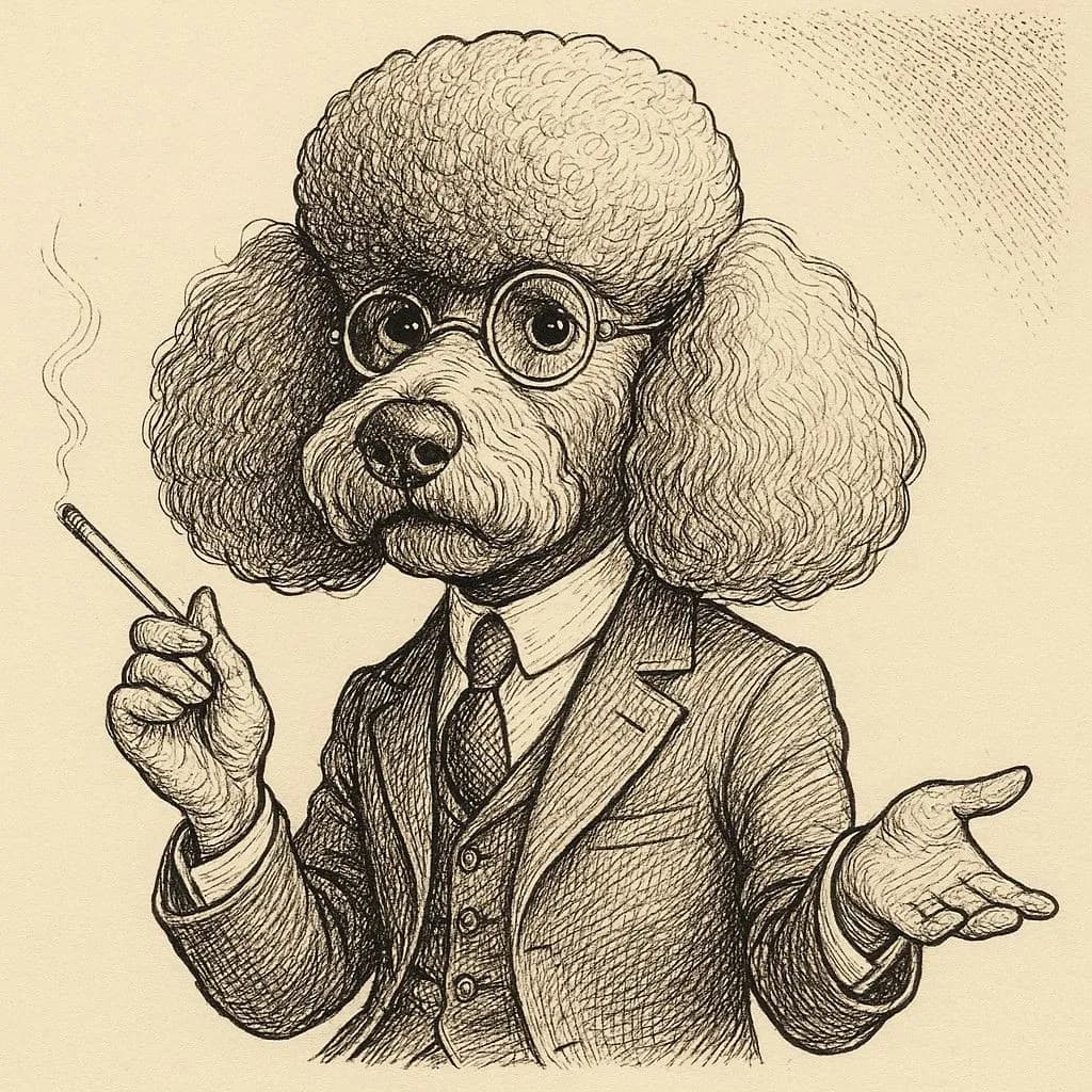 Pet caricature portrait with early 20th-century formal attire