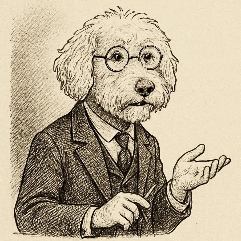 Hand-drawn vintage ink caricature of a pet