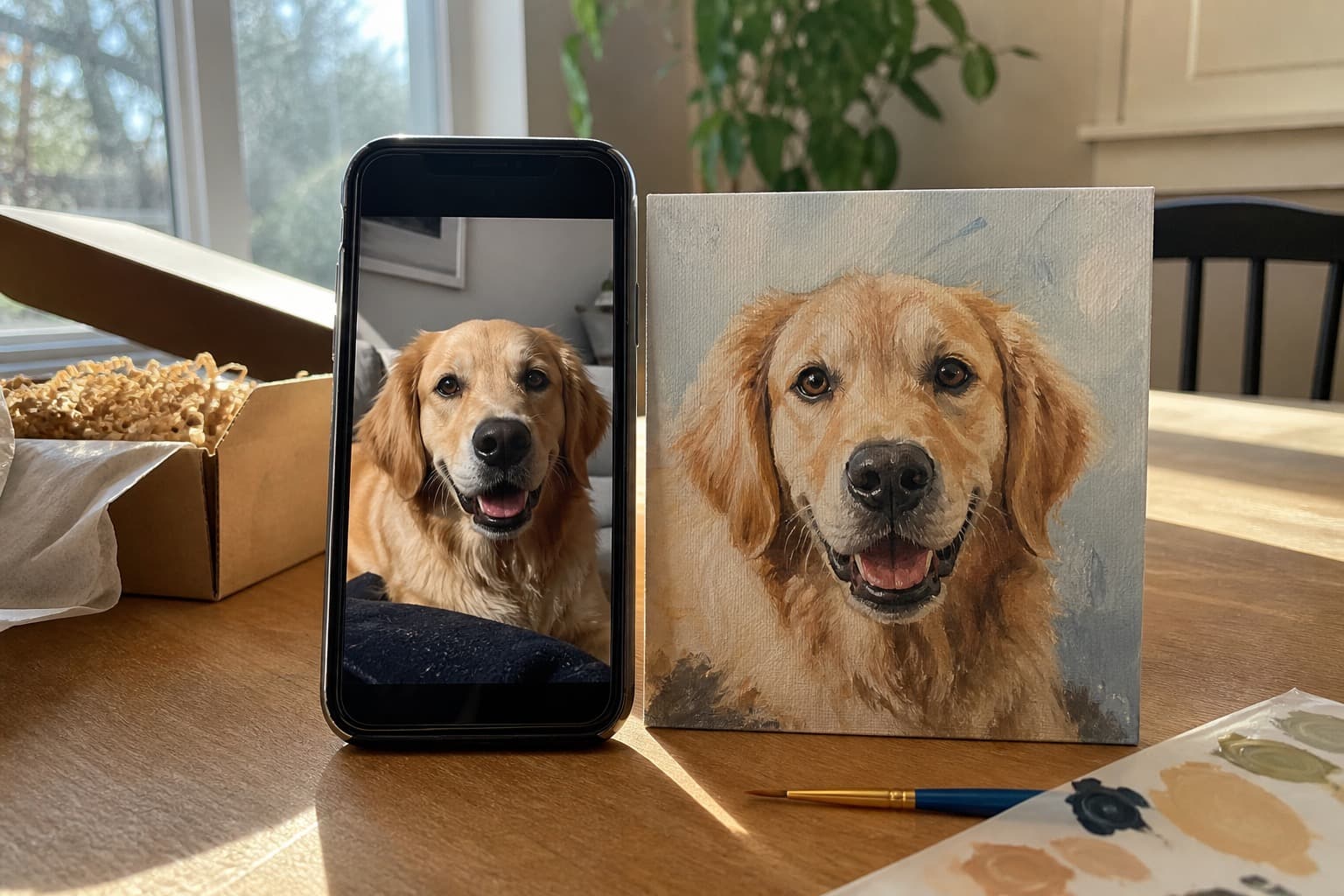 Candid phone photo beside a finished custom pet portrait print