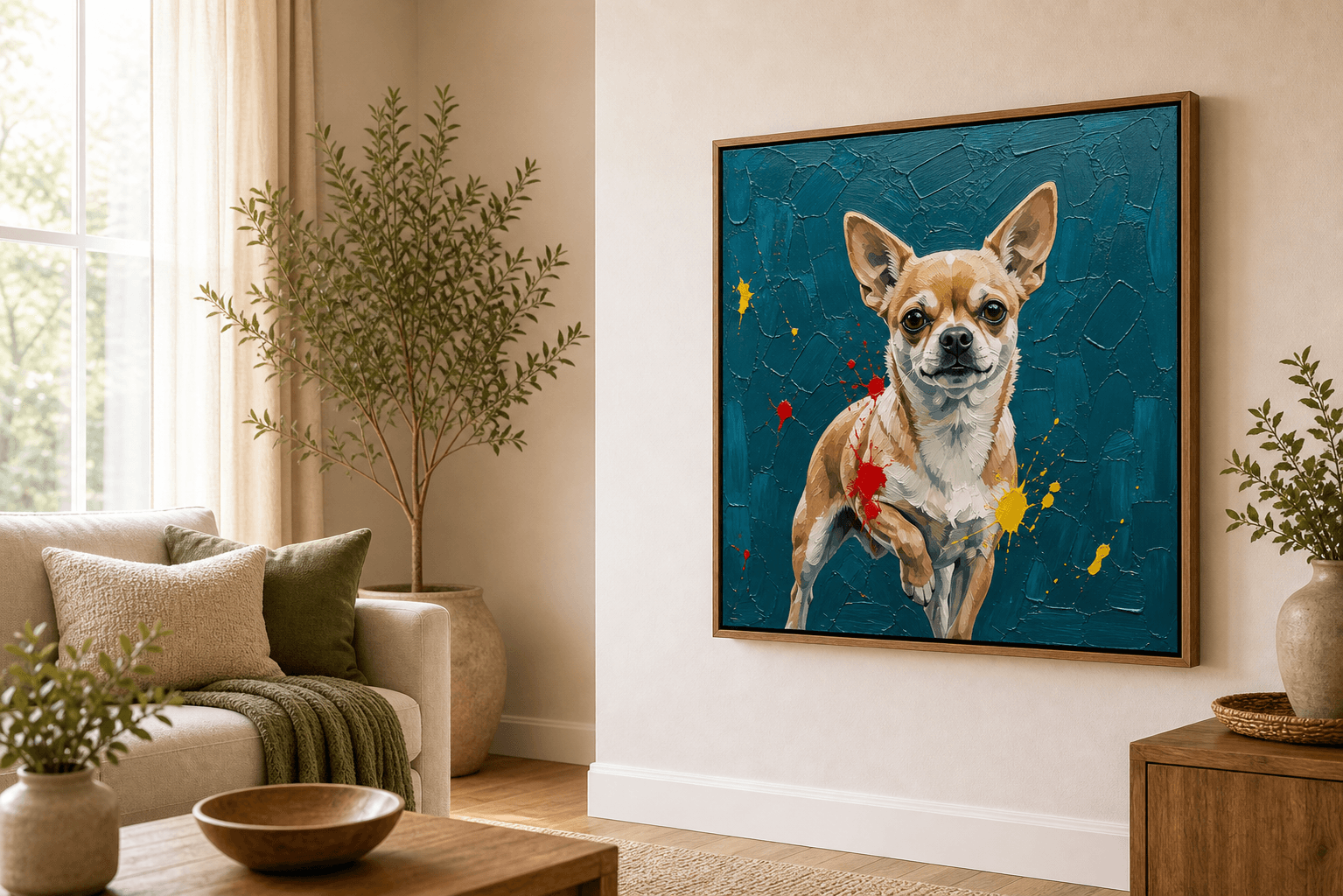 What a Lovely Day Pet Portraits displayed as framed wall art in a home